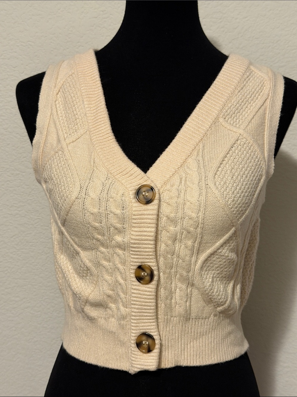Sincerely Jules Cream Cable Knit V-Neck Button Front Sweater Vest